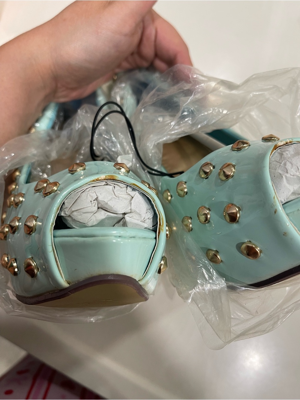 Wet Seal Mint Green Studded High Heel Pumps with Gold Accents - Picture 4 of 11
